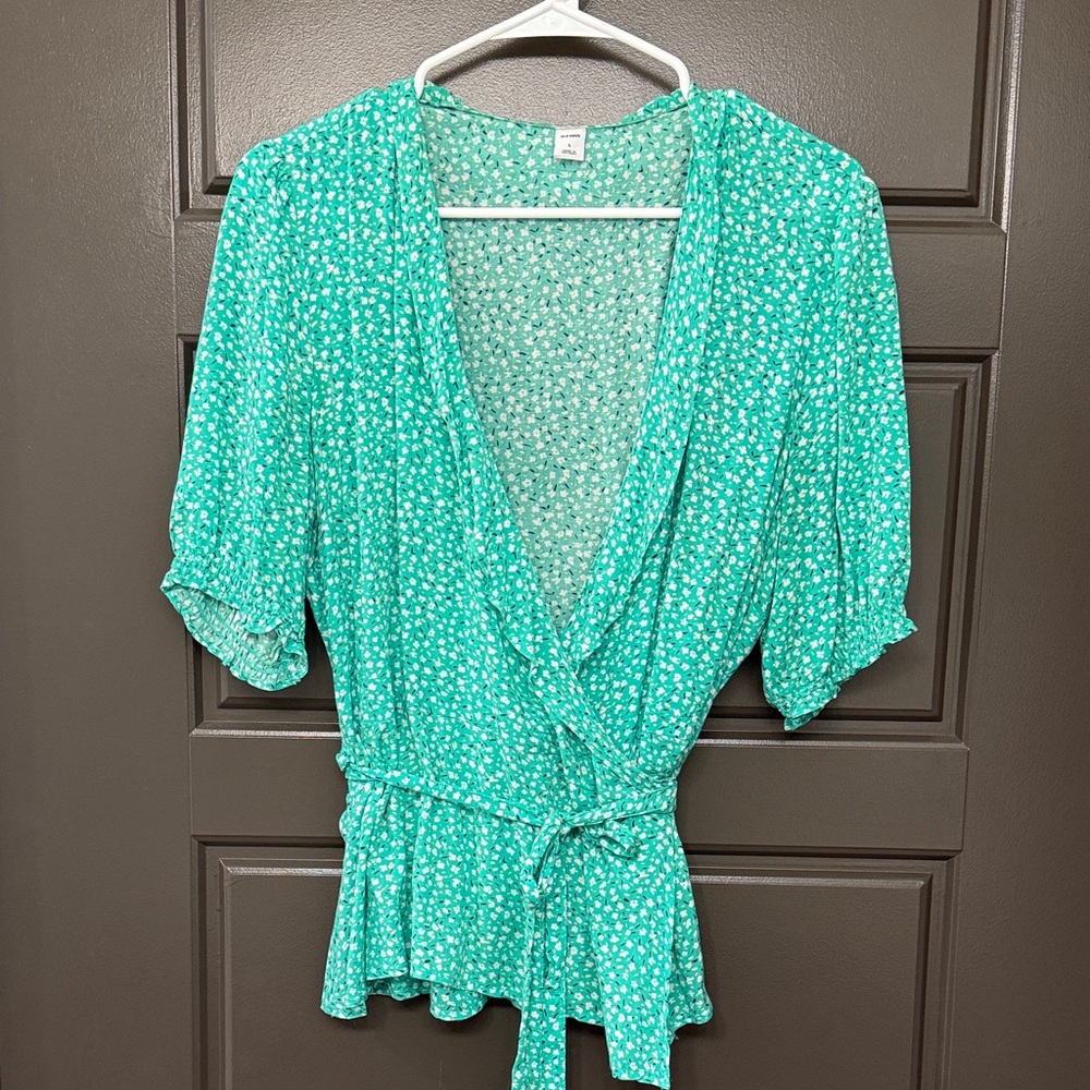 Old Navy Teal Floral Wrap Blouse